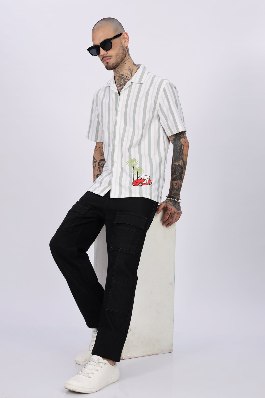 Stripes Car Embroidery Cuban Shirt