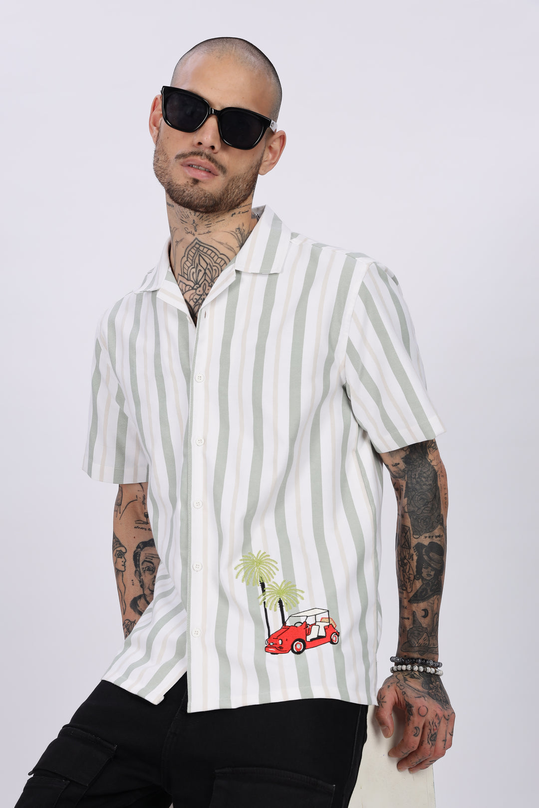 Stripes Car Embroidery Cuban Shirt