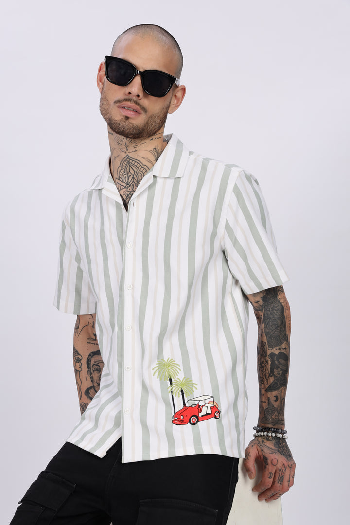Stripes Car Embroidery Cuban Shirt