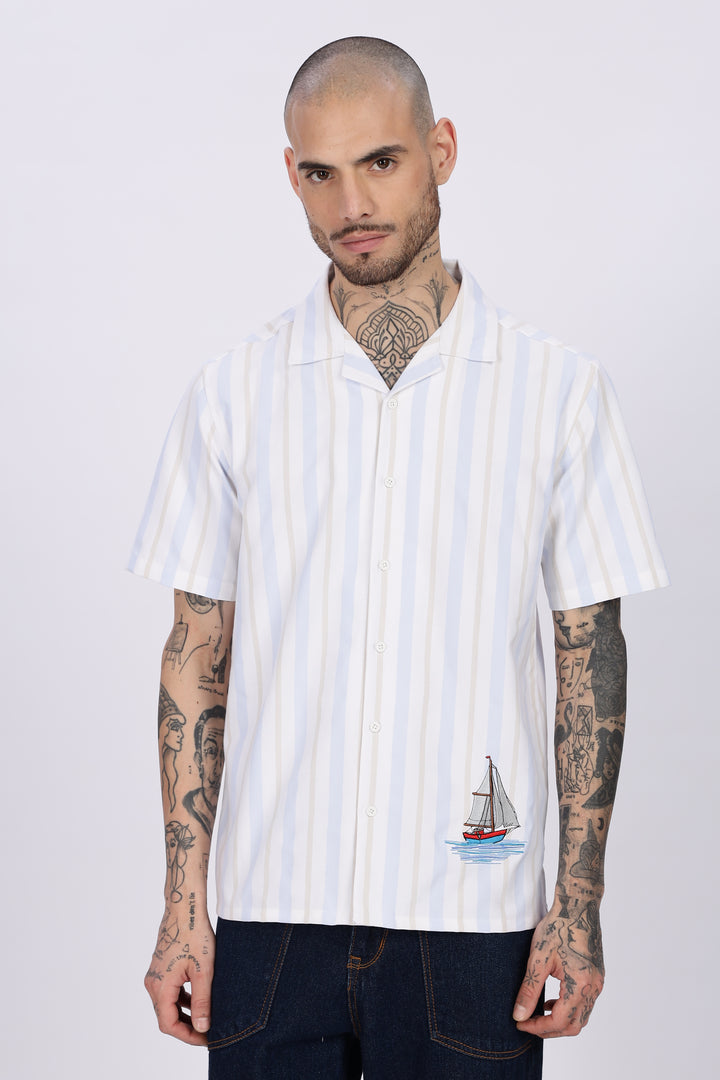 Vintage Ship : Stripes Embroidery Cuban Shirt