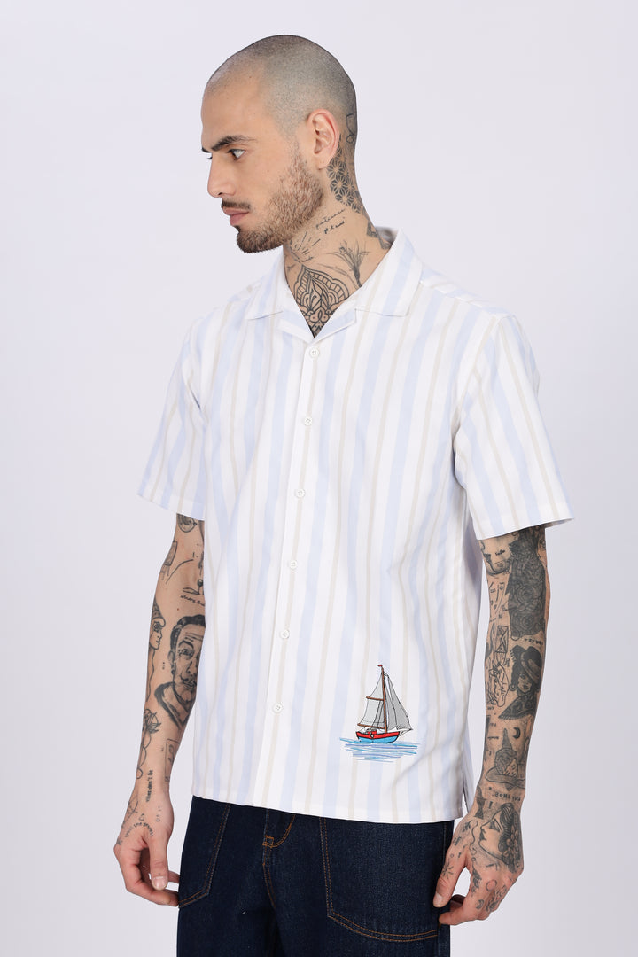 Vintage Ship : Stripes Embroidery Cuban Shirt