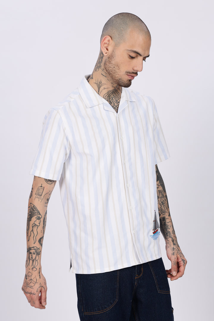 Vintage Ship : Stripes Embroidery Cuban Shirt
