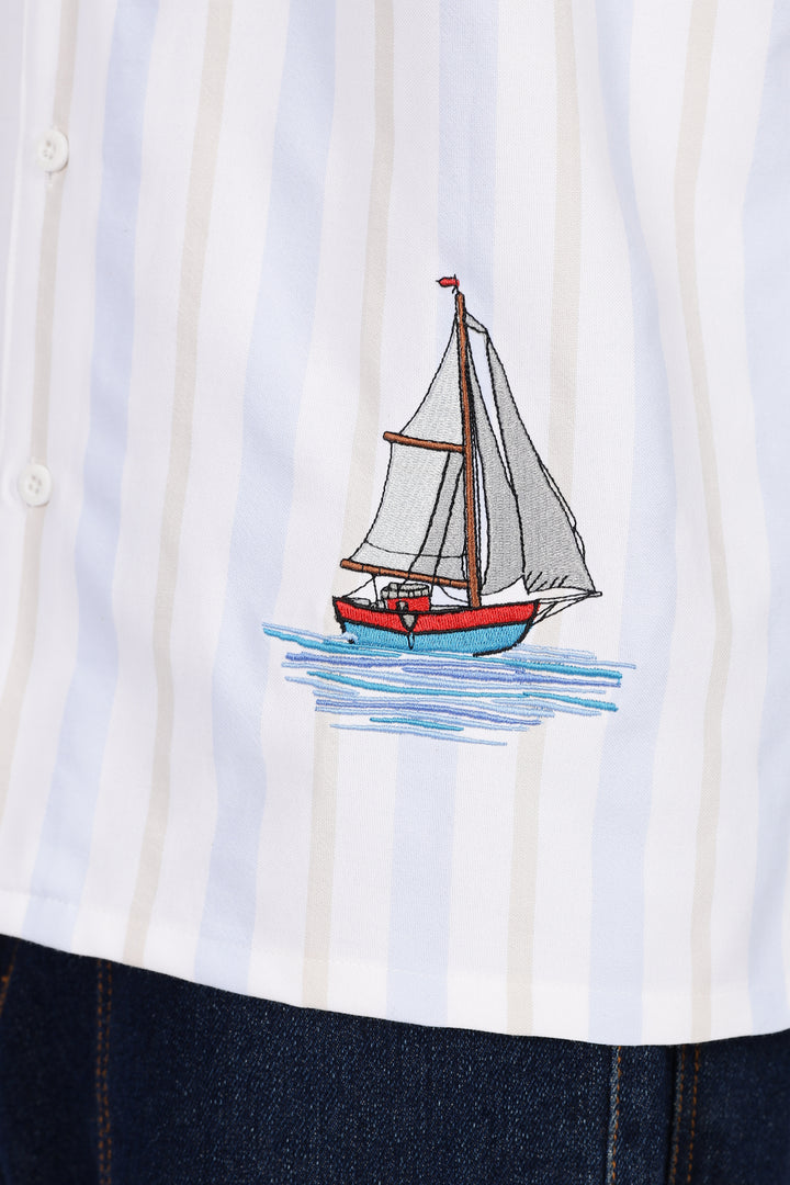 Vintage Ship : Stripes Embroidery Cuban Shirt
