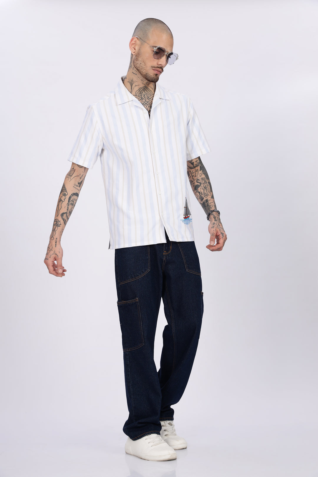 Vintage Ship : Stripes Embroidery Cuban Shirt