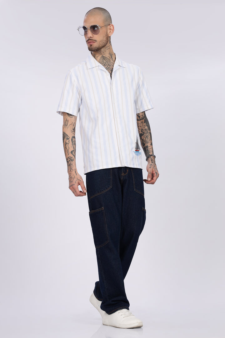 Vintage Ship : Stripes Embroidery Cuban Shirt