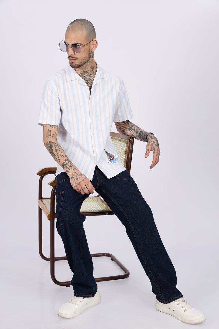 Vintage Ship : Stripes Embroidery Cuban Shirt