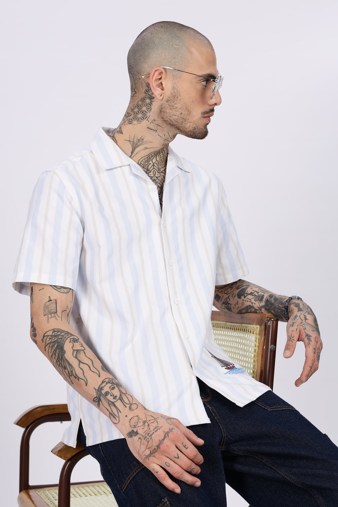 Vintage Ship : Stripes Embroidery Cuban Shirt