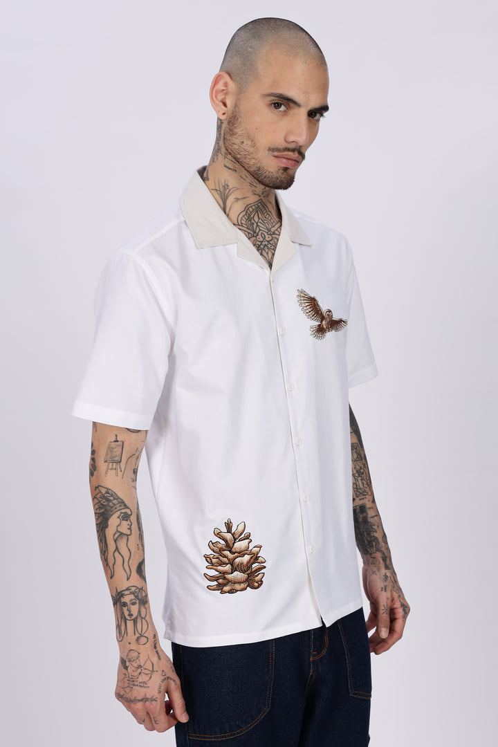 White Desert Embroidery Cuban Shirt
