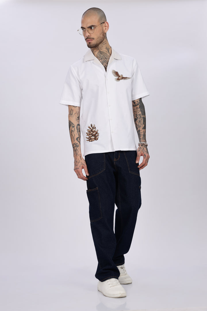 White Desert Embroidery Cuban Shirt