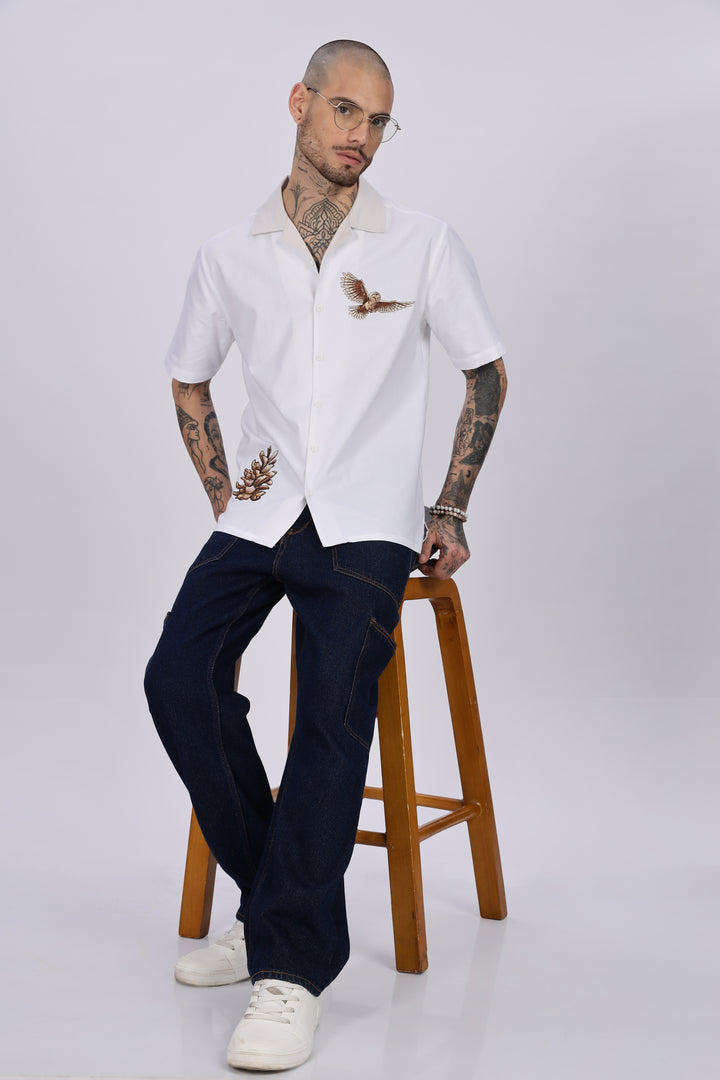 White Desert Embroidery Cuban Shirt