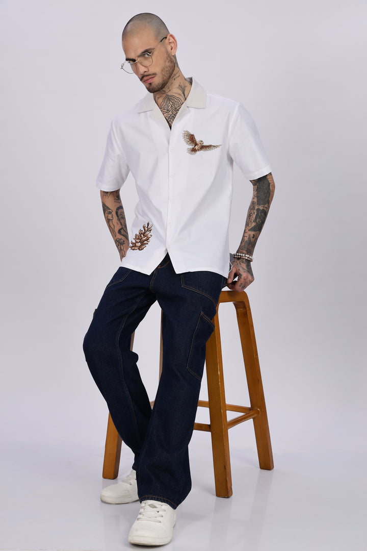 White Desert Embroidery Cuban Shirt