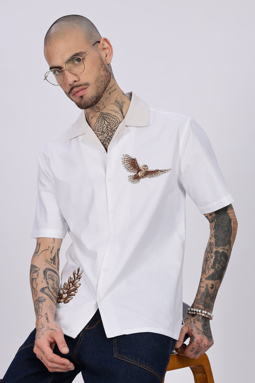 White Desert Embroidery Cuban Shirt