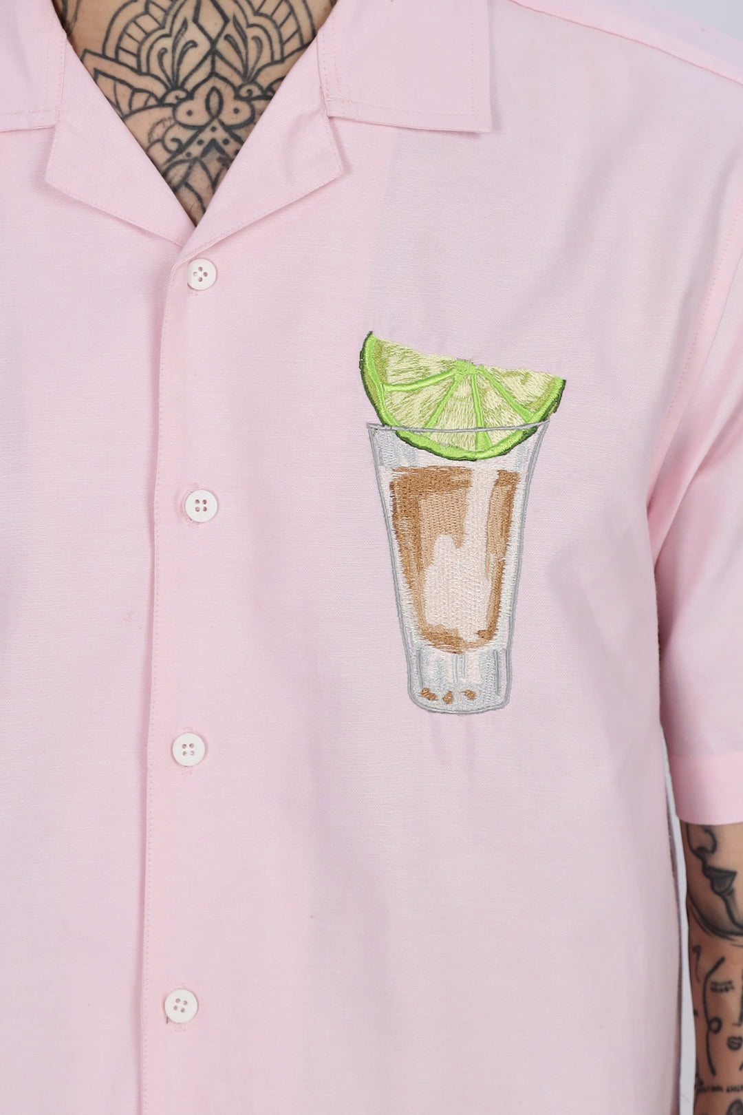 Lemon-Glass : Pink Embroidery Cuban Shirt
