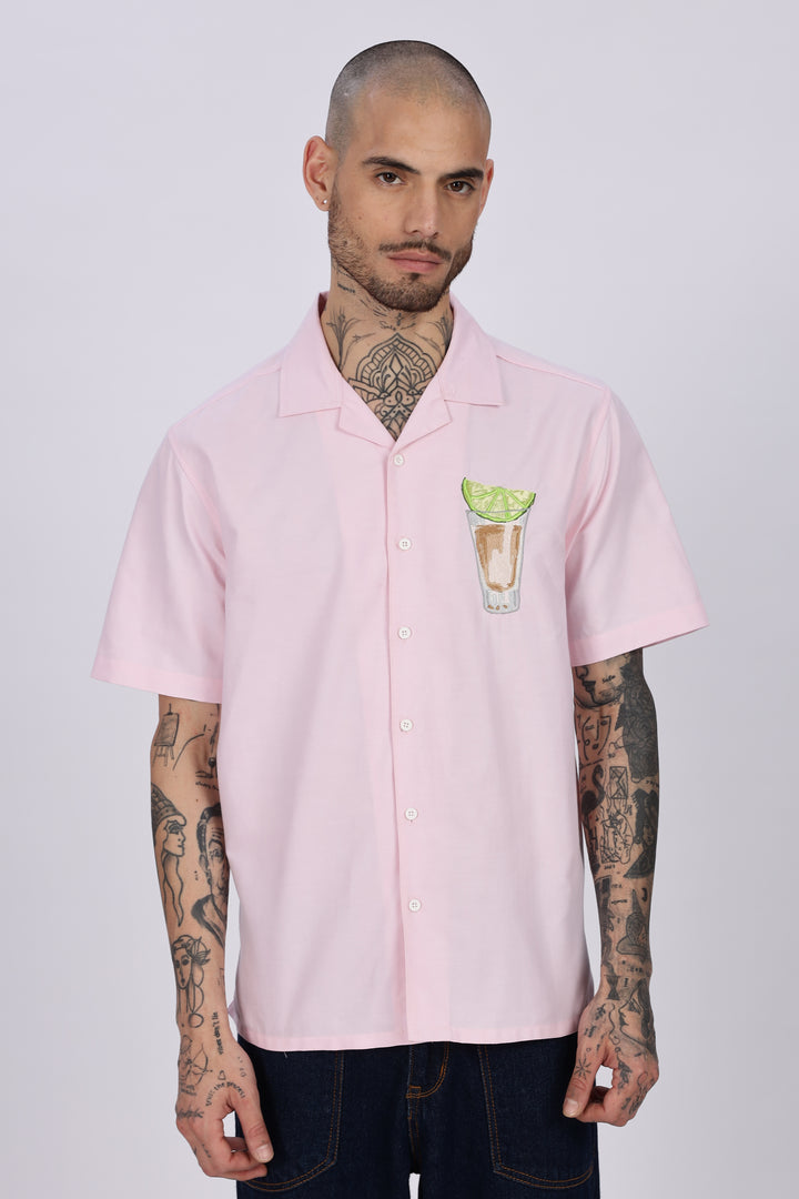 Lemon-Glass : Pink Embroidery Cuban Shirt