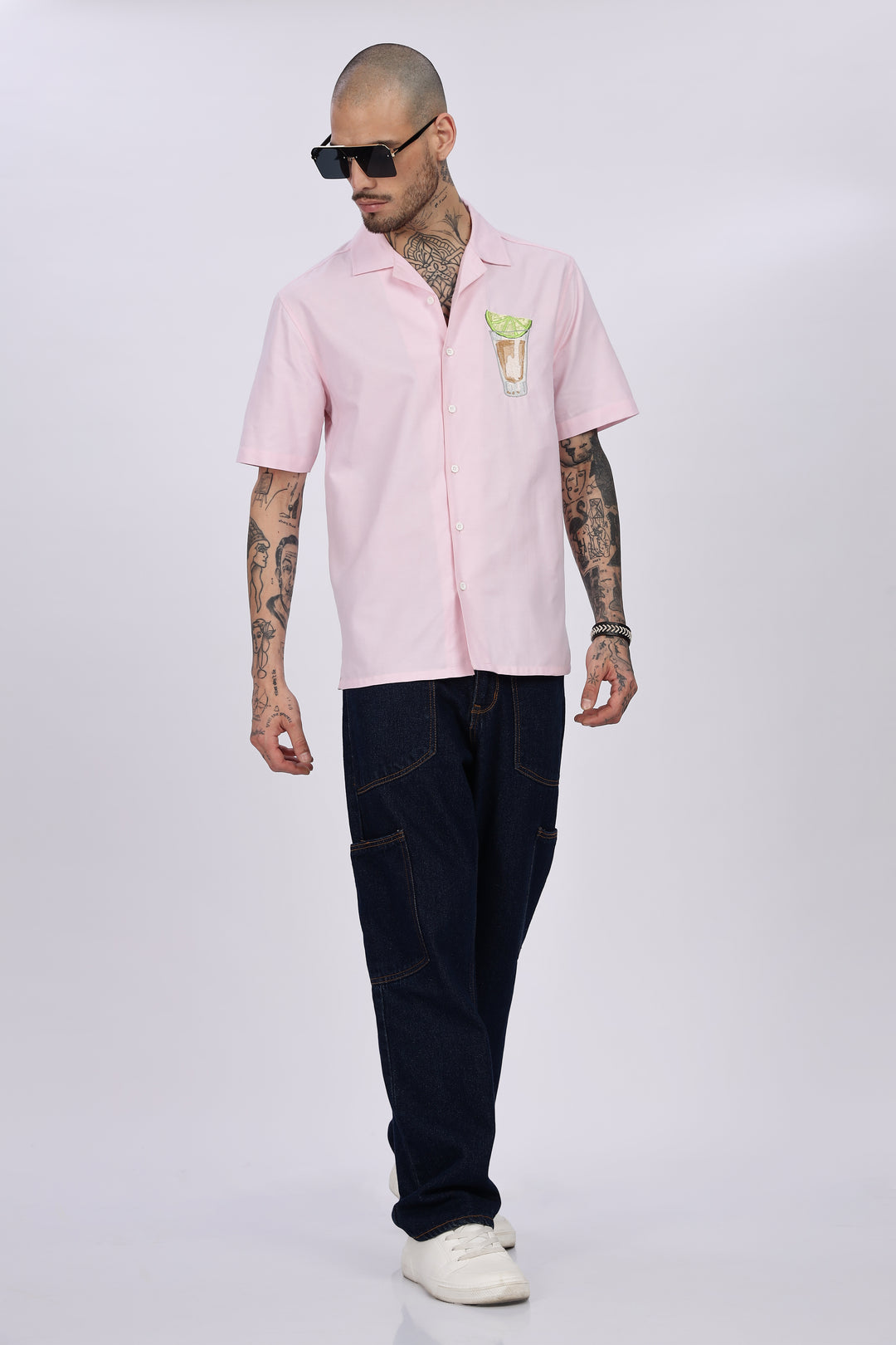 Lemon-Glass : Pink Embroidery Cuban Shirt