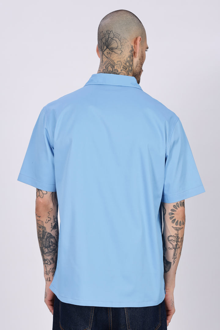 Vacation: Blue Embroidery Cuban Shirt