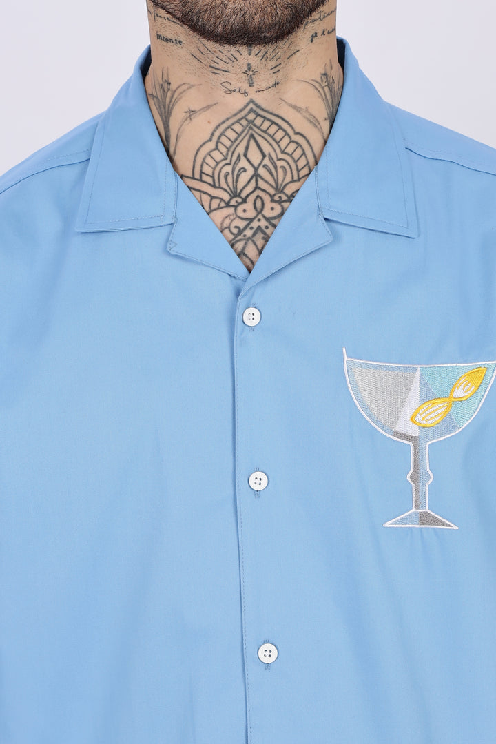 Vacation: Blue Embroidery Cuban Shirt