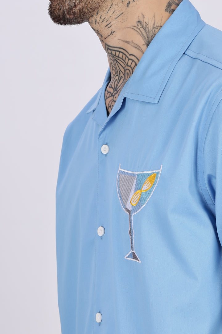 Vacation: Blue Embroidery Cuban Shirt