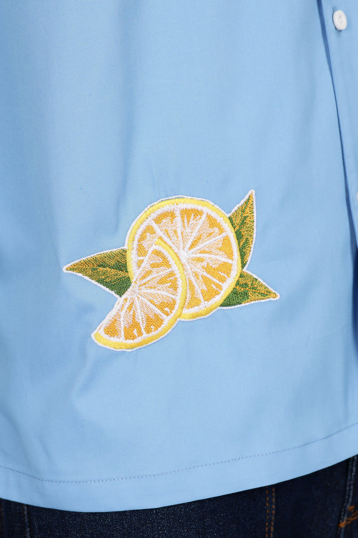Vacation: Blue Embroidery Cuban Shirt