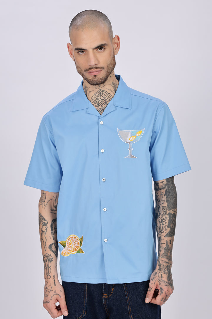 Vacation: Blue Embroidery Cuban Shirt