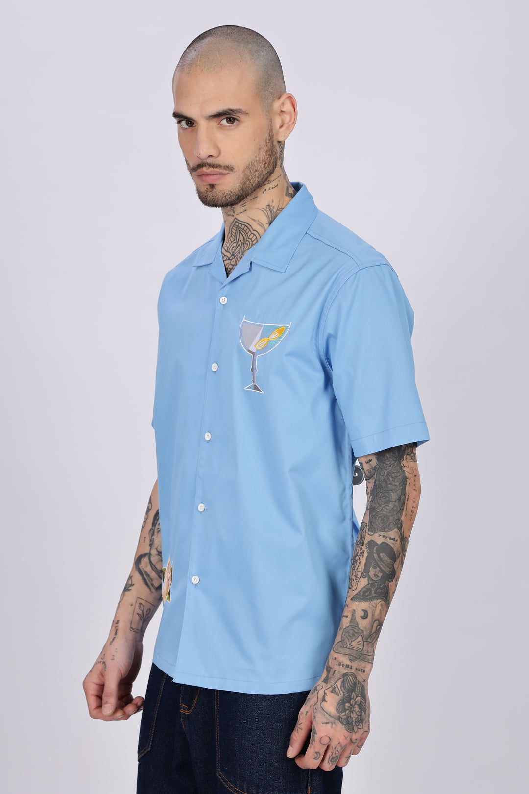 Vacation: Blue Embroidery Cuban Shirt