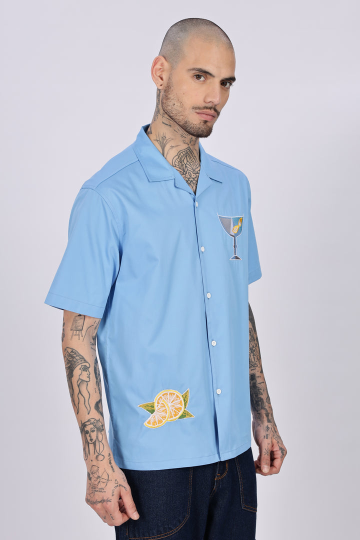 Vacation: Blue Embroidery Cuban Shirt