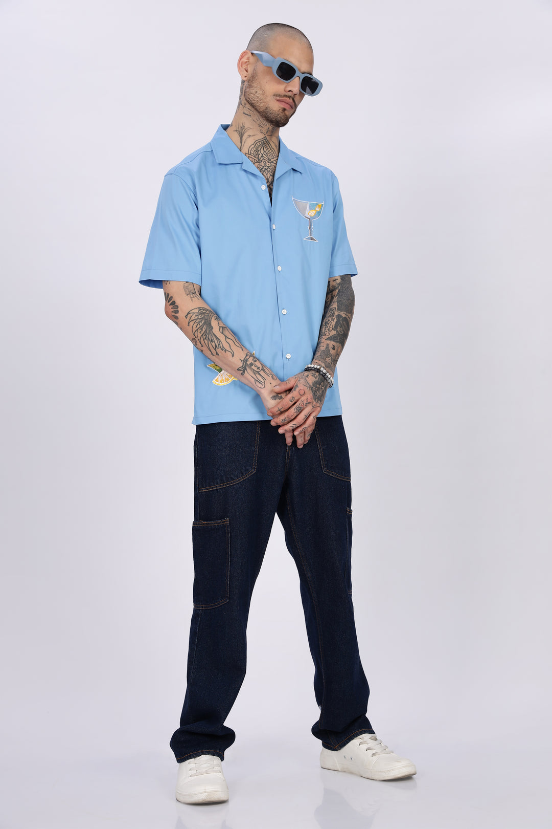 Vacation: Blue Embroidery Cuban Shirt
