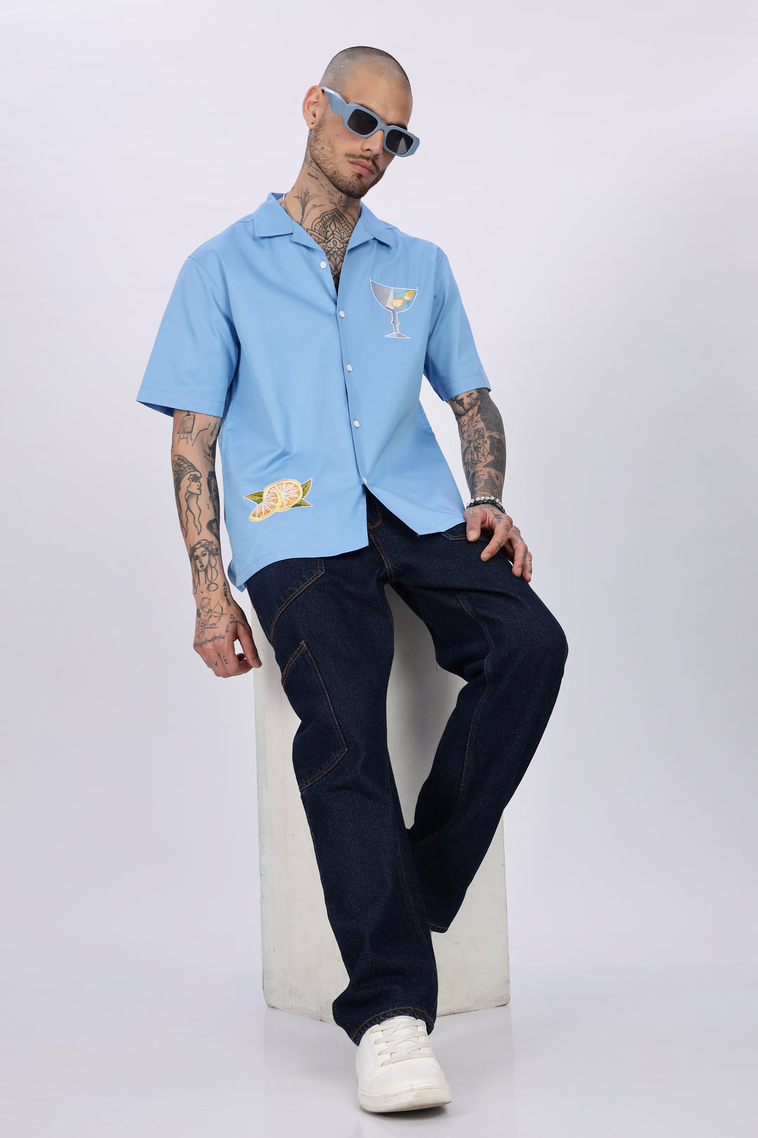 Vacation: Blue Embroidery Cuban Shirt