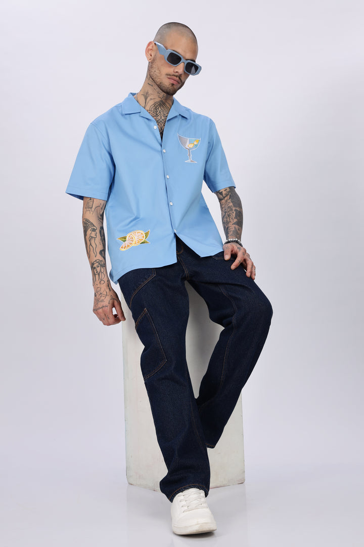 Vacation: Blue Embroidery Cuban Shirt