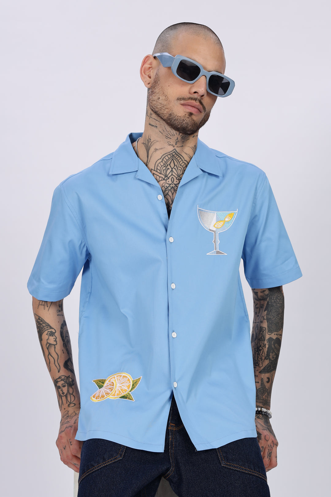 Vacation: Blue Embroidery Cuban Shirt