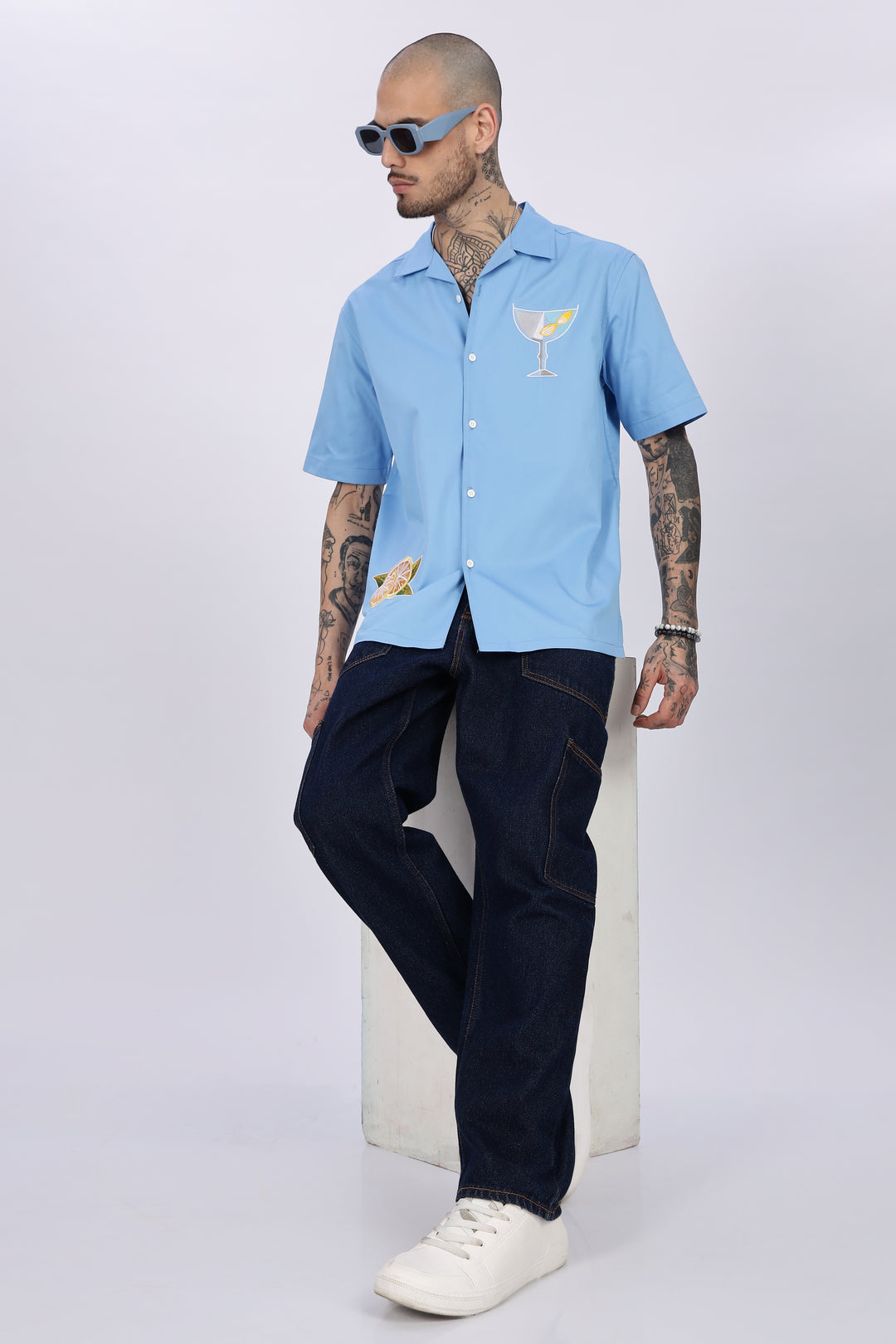 Vacation: Blue Embroidery Cuban Shirt