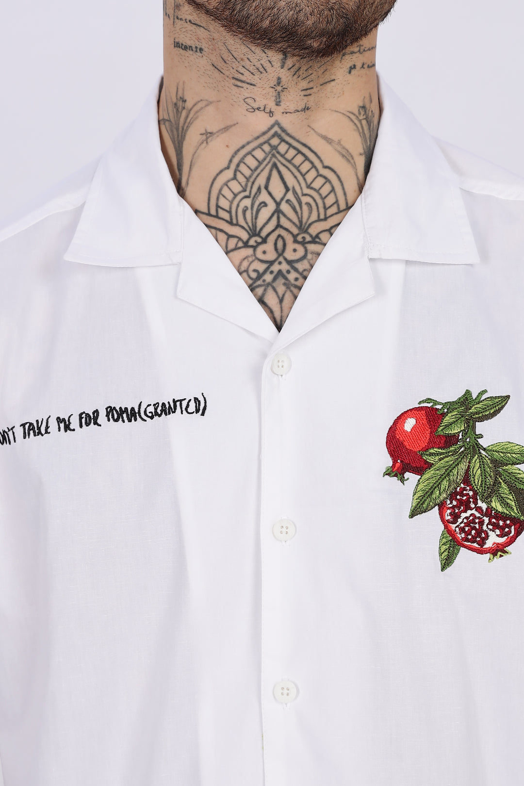 Pomegranate: White Embroidery Cuban Shirt