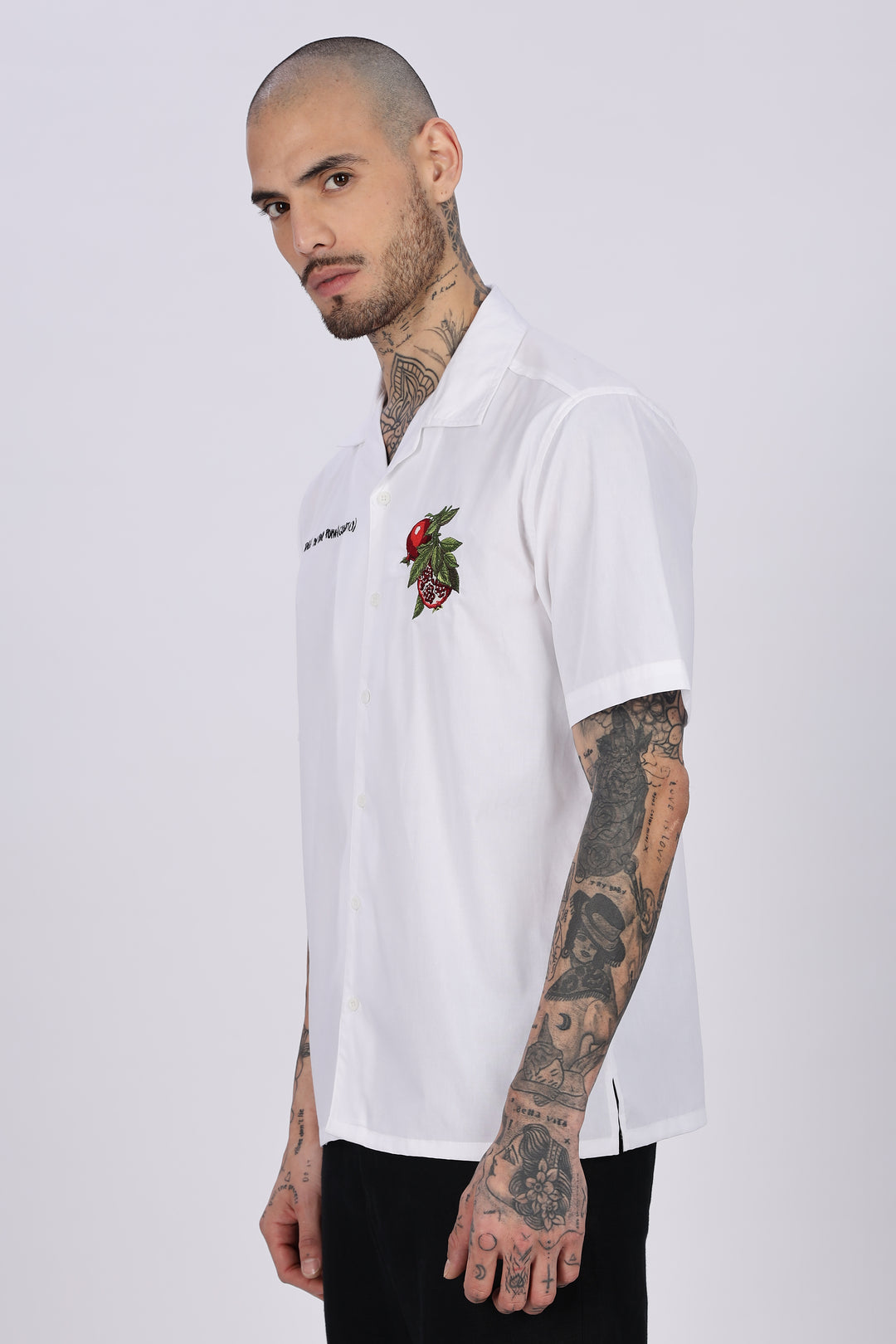 Pomegranate: White Embroidery Cuban Shirt