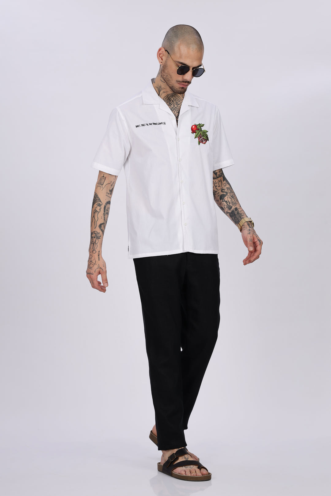 Pomegranate: White Embroidery Cuban Shirt