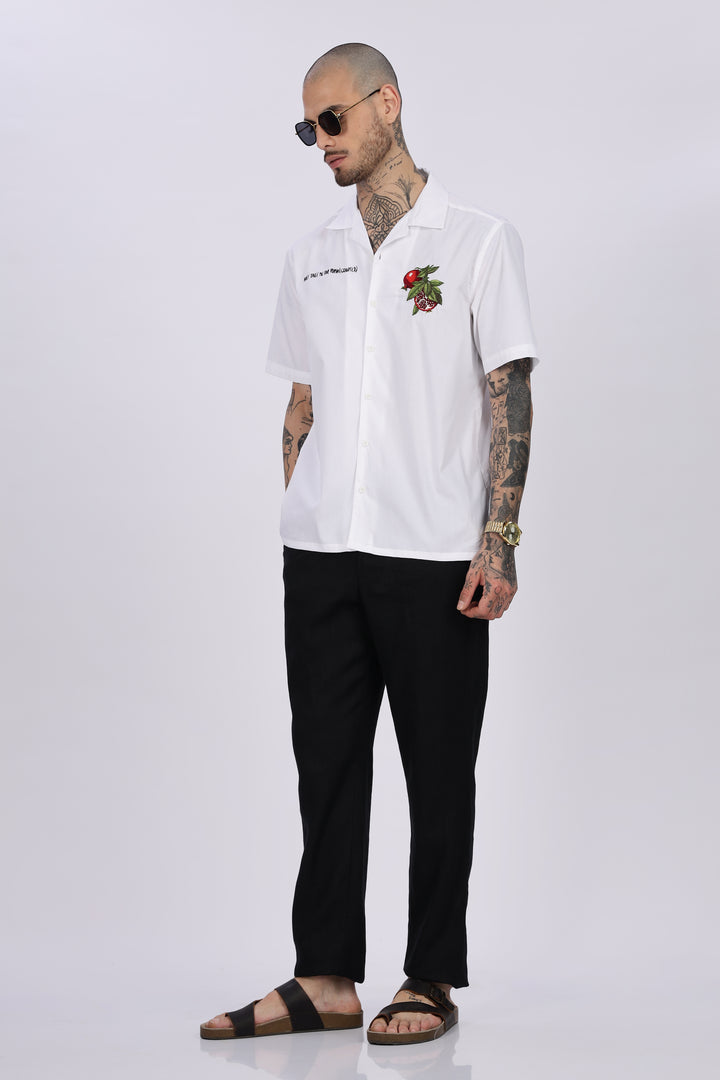 Pomegranate: White Embroidery Cuban Shirt