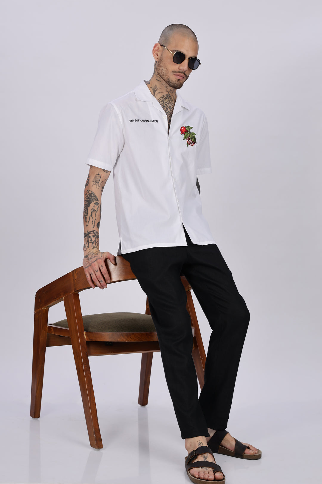 Pomegranate: White Embroidery Cuban Shirt