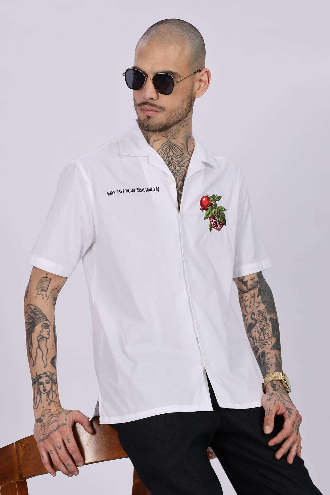 Pomegranate: White Embroidery Cuban Shirt
