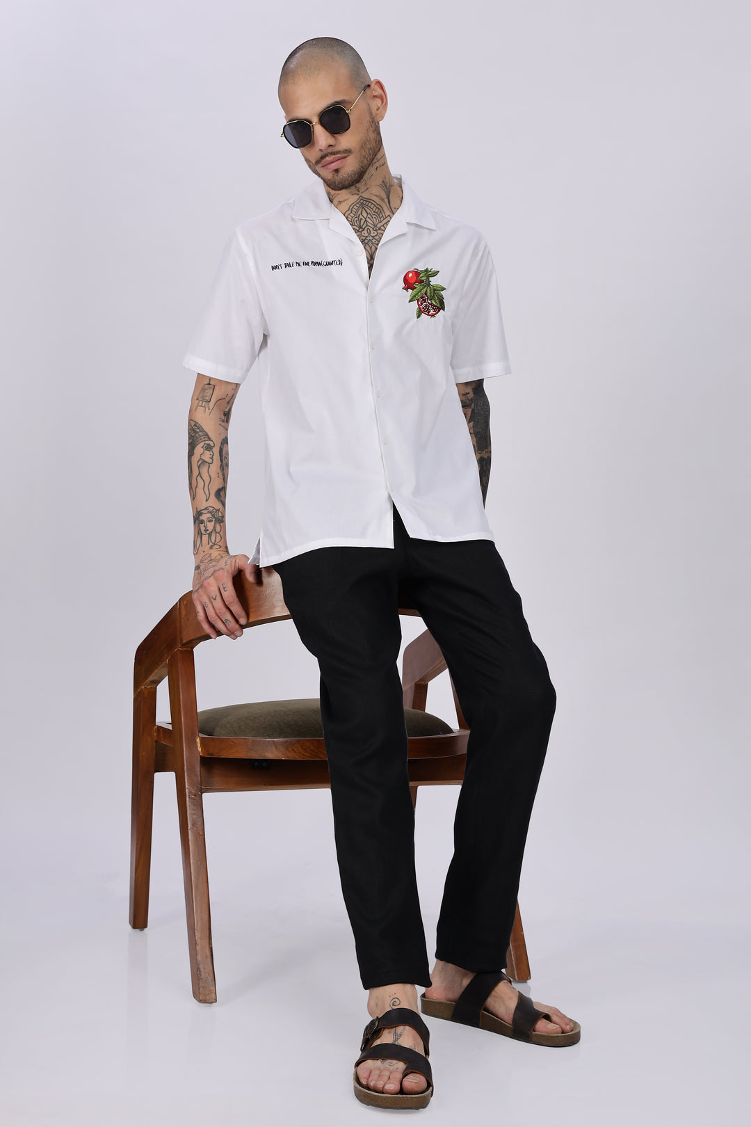 Pomegranate: White Embroidery Cuban Shirt