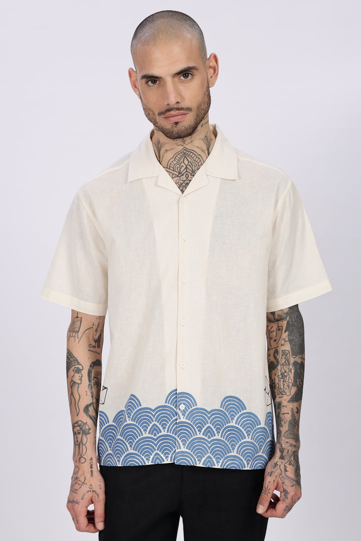 Linen: Abstract Waves Printed Cuban Shirt