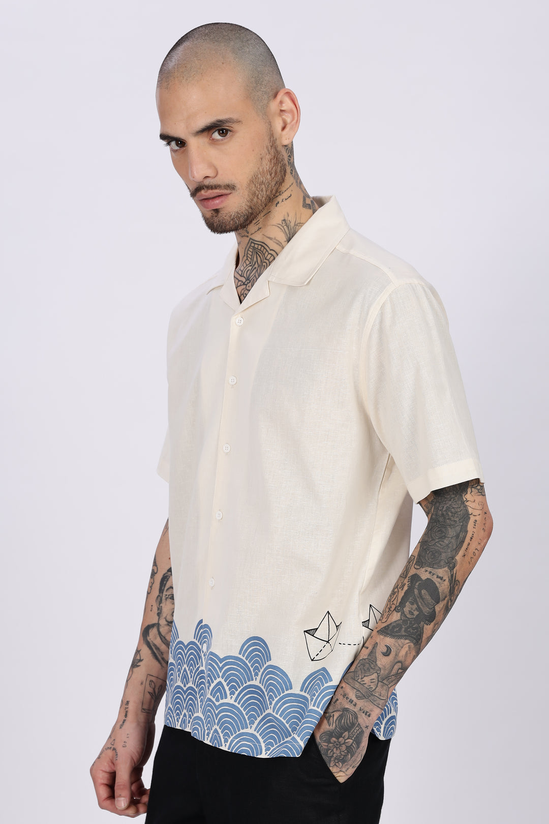 Linen: Abstract Waves Printed Cuban Shirt