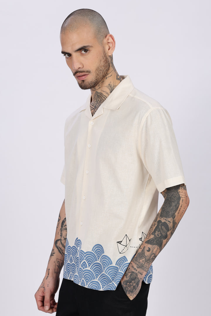 Linen: Abstract Waves Printed Cuban Shirt