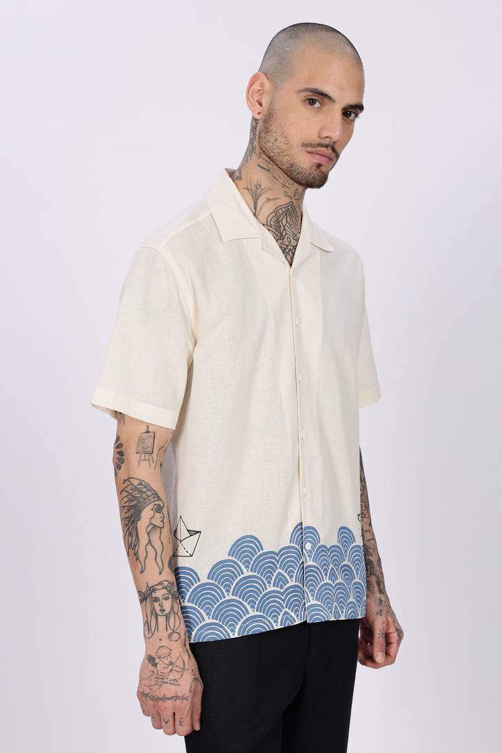 Linen: Abstract Waves Printed Cuban Shirt