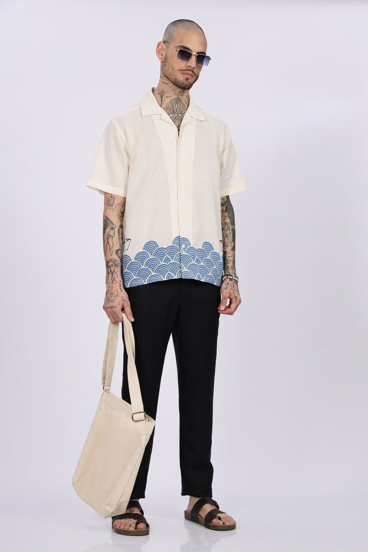 Linen: Abstract Waves Printed Cuban Shirt
