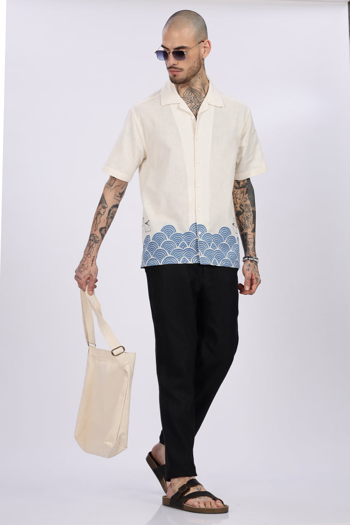 Linen: Abstract Waves Printed Cuban Shirt