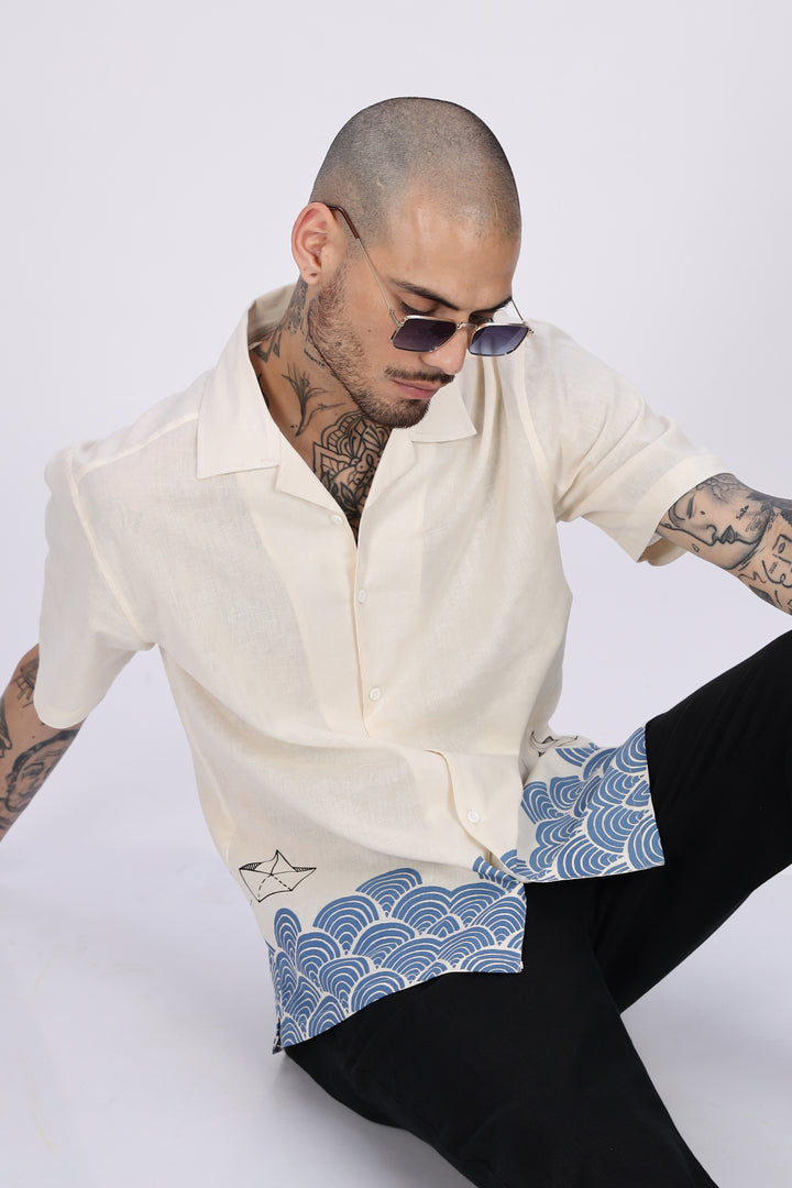 Linen: Abstract Waves Printed Cuban Shirt