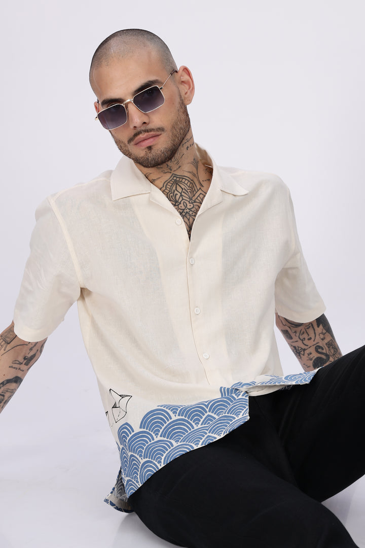 Linen: Abstract Waves Printed Cuban Shirt