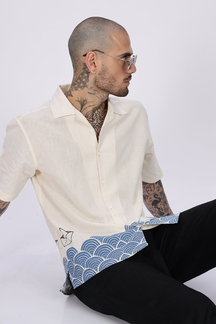 Linen: Abstract Waves Printed Cuban Shirt