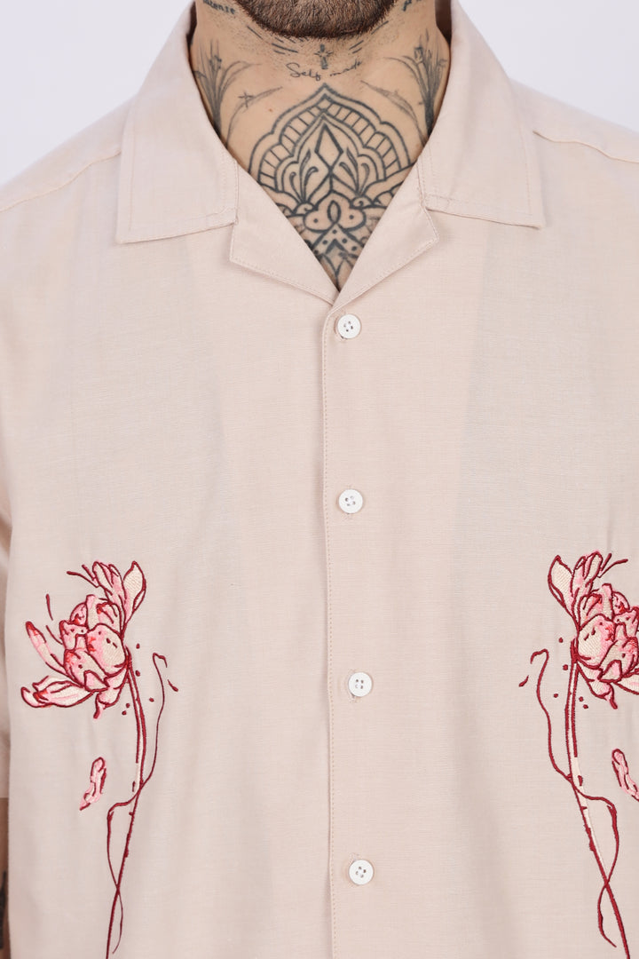 Flowers: Beige Embroidery Cuban Shirt