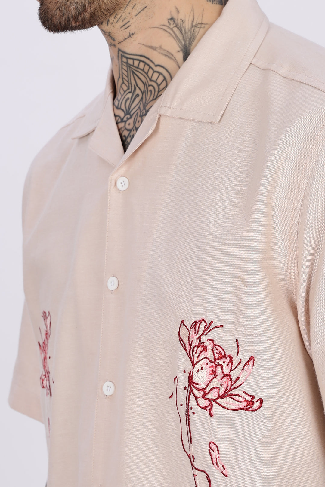 Flowers: Beige Embroidery Cuban Shirt
