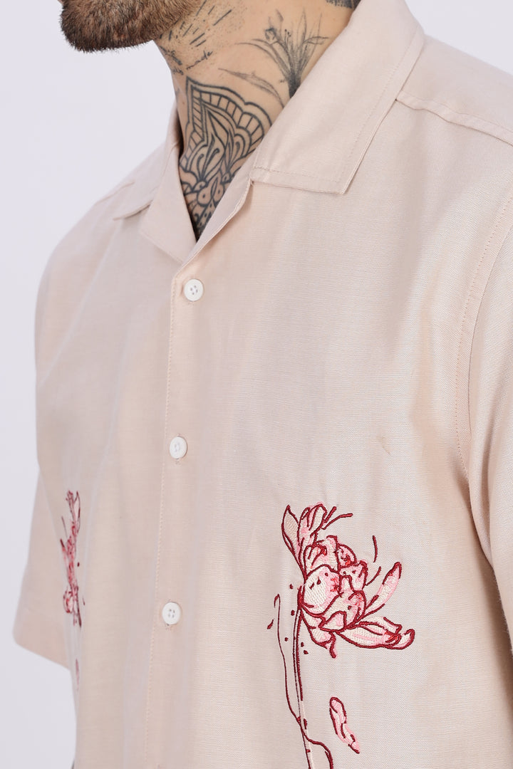 Flowers: Beige Embroidery Cuban Shirt